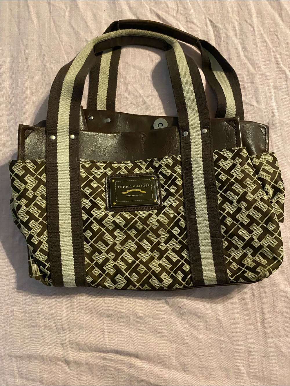Tommy Hilfiger Brown and Cream Signature Pattern Tote
